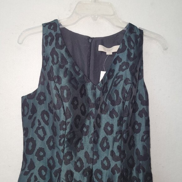 LOFT‎ Dress Womens 4 Green Black Sleeveless Jacquard Animal Print Fit Flare New - Picture 3 of 13